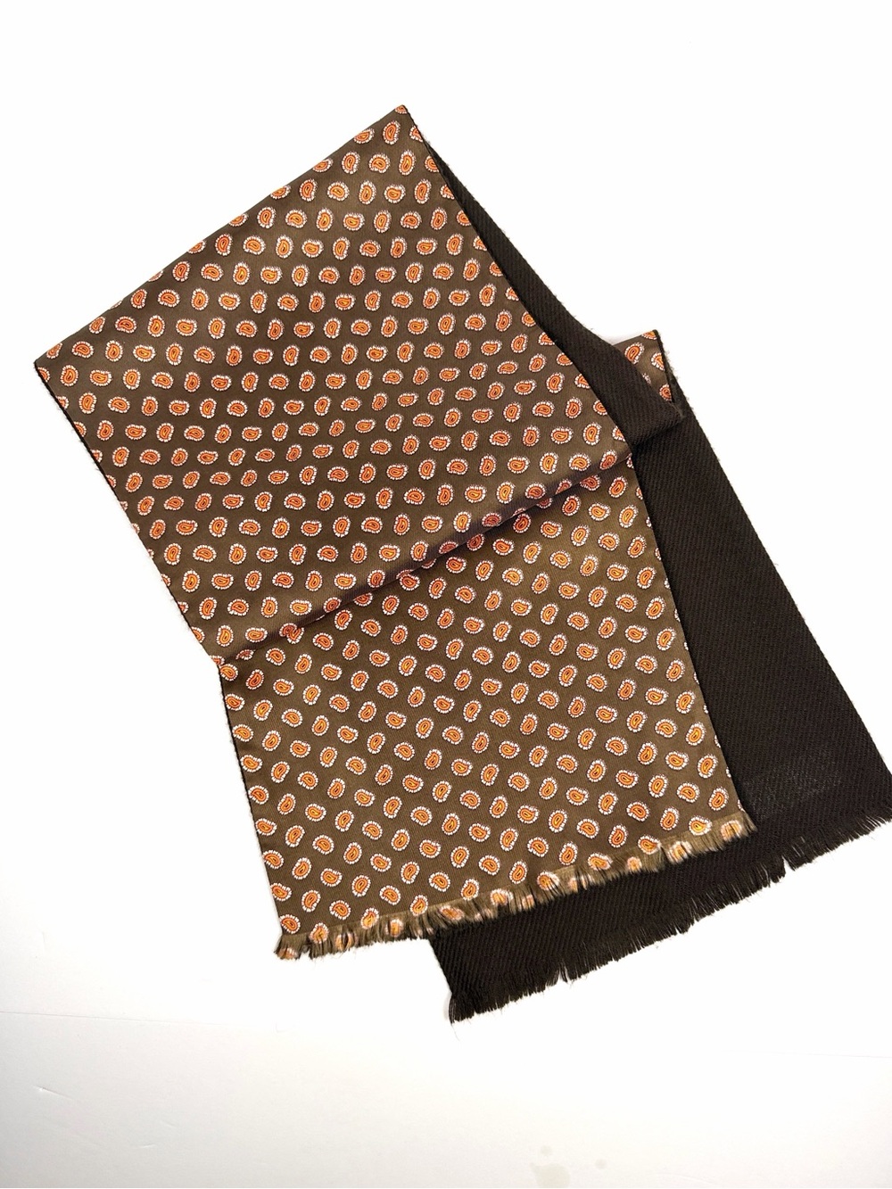 Men's Doubled Reversible Scarf Silk Wool Brown  Paisley Print 11x50"